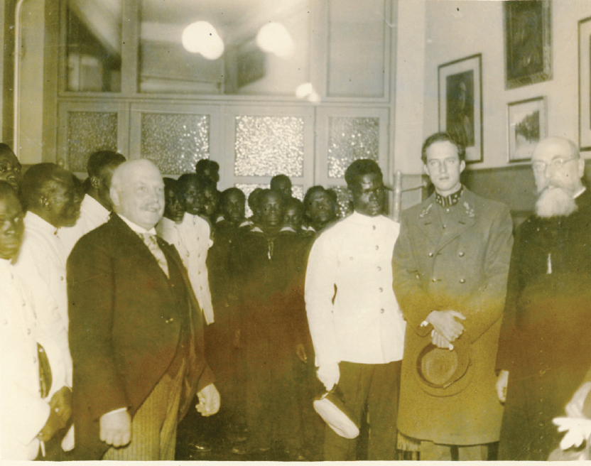 The visit of Prince Leopold III of Belgium (second from right) to the Congolese seafarers' home Ndako ya Bisu in Antwerp. KADOC-KU Leuven. Archives of the Generalate of CICM. 7110.©Gazet van Antwerpen, January 1934.